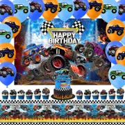 Monster Truck Theme Party Decorating Set - Birthday Backdrop Banner Latex Balloons Birthday Cake Cupcake Toppers Tablecloth