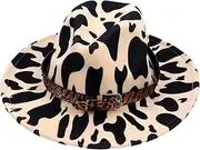 [SAFIGLE] Jazz Top Hat Wide Cap Leopard Print Wool Hat Leopard Sun Hat Flat Brim Jazz Hat Panama Hat Flat Brim Hats Flat Caps Hats for Men Cow Print Hat Performance Hat Woolen Red
