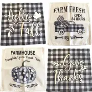 4 Hello Fall Black Buffalo Plaid Canvas Throw Pillow Covers Holiday Farmhouse