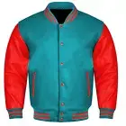 Varsity Baseball Lettermen College Retro Bomber Sky Wool &Red Leather Jacket