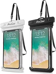 ProCase Waterproof Phone Pouch Case Dry Bag for iPhone 16 15 14 13 Pro Max Mini 12 11 Pro Max XR XS X 8 7 6S Plus, Galaxy S24 S23 S22 S21 Note Pixel Up to 7", Cruise Essentials -2Pack, White/Black