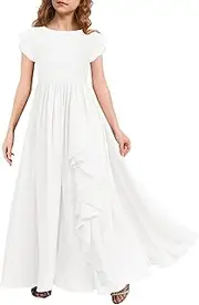 [MITILLY] Girls Lace Flower Maxi Dress Ruffle Sleeve A-Line Flowy Junior Bridesmaid Chiffon Dresses for Wedding Party