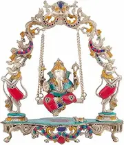 [Artvarko] Brass Ganesha Bhagwan Jhoola On Beautifully Designer Curved Pillar Ganapathi Ganpati Murti Brass Idol for Home Décor Gift 18 Inches