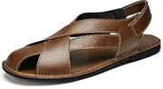 [LVOMU] Men's Genuine Leather Hook Loop Fisherman Sandals Hollow Out Breathable Lightweight Slip On Closed Toe Summer Casual Flat Sandals for Driving Walking Beach Shoes