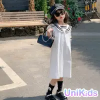 在飛比找momo購物網優惠-【UniKids】中大童裝短袖洋裝 韓版海軍領學院風 女大童