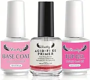 Hotolove Acid-Free Nail Primer with Top & Base Coats Kit Suitable for quick air drying and super bonding of natural nails and acrylic powder and gel nail polish