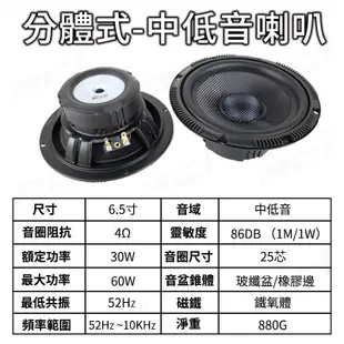 汽車 多車款 分體式喇叭 單體 6.5吋 高音喇叭 高效率 音質佳 音響改裝 喇叭更換 揚聲器 中低音 高音