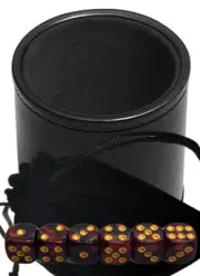 (6) 16mm Red Black Pearlized Dice w/Pouch + PU Leather Dice Cup Black Lining