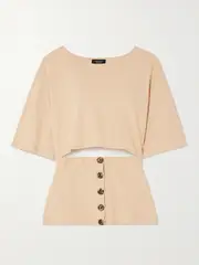 [A.W.A.K.E. MODE] A.W.A.K.E. MODE - Button-embellished Cutout Organic Cotton-jersey T-shirt - Peach - large large Orange