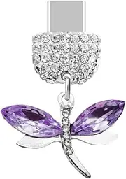 TP539 Type-C Charging Port Crystal Anti Dust Plug Little Dragonfly Cell Phone Charm for iPhone 15/16/Samsung/OnePlus/Xiaomi/oppo Android Phones (Purple), approx. 3 cm (L) x 0.5 cm (D) x