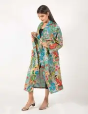 Indian Handmade Grey Farida Kahlo Printed Cotton Robe Women Dressing Kimono AU