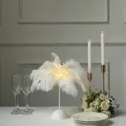 15" WHITE Ostrich Feather DESK LAMP Decorative LED Light Table Centerpiece Party