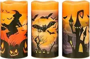 Eldnacele Halloween Flameless Flickering LED Candles with 6-Hour Timer, Battery Operated Wax Candles Assorted Decals Witch, Pumpkin, Bats, Castle Set of 3 for Decoration