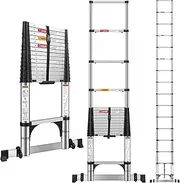 [DEZEX] 15.5 FT Telescoping Ladders Stainless Steel - One-Button Retraction Collapsible Extension Ladder for Home,RV,Loft, Lasts 375 LBS with 2 Triangle Stabilizers,Balance Bar and Wheels