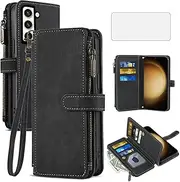 [Asuwish] Phone Case for Samsung Galaxy S23 Plus S23+ 5G Wallet Cover with Tempered Glass Screen Protector and Flip Card Holder Cell Accessories S23plus 23S + S 23 23+ SM-S916U 6.6 inch Women Men Black