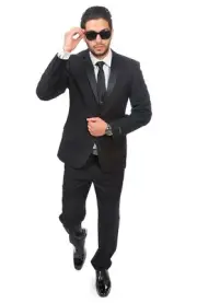 Slim Fit Men Suit Tuxedo Black 2 Button Satin Collar Flat Front Pants By AZAR