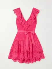 [Miguelina] Miguelina - Coco Belted Ruffled Crocheted Cotton Mini Dress - Red - large large Red