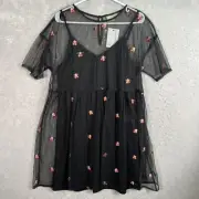ASOS Mesh Mini Smock Dress w/ Floral embroidery, black, lightweight, sheer Sz 12