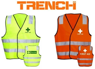 2 X Hi-Vis Safety Vest - Class D/N - Yellow or Orange - With printed "FIRST AID"