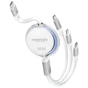 Promate 60W PD - 480Mbps USB-C Multi-Connector Cable - 1.1m - White Retractable - USB-C to USB-C / Lightning / Micro-USB - 27W PD Lightning - 10W Micro-USB - Data & Charge [TRIOCORD-R.WHT]