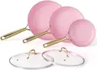 Innerwell Frying Pan Set with Lids - Pink Nonstick Skillet Set, 8-11 inch