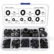 500 Piece Black Nylon Sealing Washer Flat Assortment Kit - 8 Sizes - M2 M2.5 M3 M4 M5 M6 M8 M10