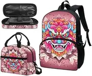 Chinese Lion Dance 3Pcs/Sets School Bag for Teen Girls Boys Large Book Bags with Lunch Box Pencil Case School Shoulder Backpack