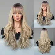 KAMIMASU Ombre Blonde Wavy Wig with Bangs Wig Long Natural Wave Blonde Synthetic Wig Heat Resistant Fiber Wig for Woman 24inch