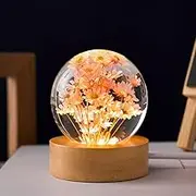 MARZIUS Flower Crystal Ball Night Light,2.4 inch Glass Ball Night Lamp with Woodern Base (Red Daisy)