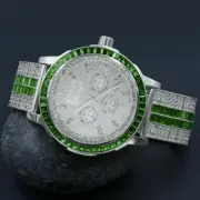 Emerald Green Custom Solid Steel Bezel Real Diamond Dial White Gold Finish Watch