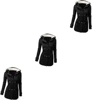 [OATIPHO] 3pcs Long Length Pea Jacket Casual Warm Coat Zipper Lock Wool Blend Size l Black