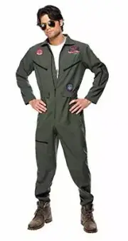 Smiffys Top Gun Costume Jumpsuit Name Tags and Glasses Green XL