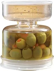 Small Pickle and Olives Jar With Dry Wet Separation Strainer - Acrylic Leakproof Flip Container for Kimchi, Canned Fruit - Kitchen Tool