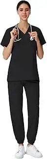 [Leaddol] Scrubs for Women, V-Neck Scrubs Top & Jogger Pants Medical Scrubs Set with 8 Pockets, Yoga Waistband