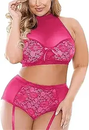 [Generic] Women Plus Size Garter Belt Lingerie Sexy Bow Lace Bodysuit Set Babydoll Strappy Bra and Panty Sets