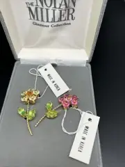 New Nolan Miller 1999 Crystal Flower Buddies 2 Pin Brooch Set Tag Original Box