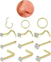 [AMASIS] 12PCS 20g Surgical Stainless Steel Nose Stud Ring Piercing Nose Bone/L Shaped/Nose Screws Rings Set Cubic Zirconia Size 1.5/2/3mm,Grade 23 Titanium Nose Rings Hoops Body Piercing Rings Helix Cartilage Rook Earrings Diameter 6/8/10mm