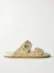 [Valentino Garavani] Valentino Garavani - Vlogo Embellished Leather-trimmed Canvas-jacquard Slides - Neutral - IT40 IT 40 Neutrals