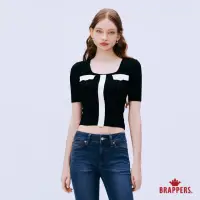 在飛比找momo購物網優惠-【BRAPPERS】女款 方領撞色短版線衫(黑)