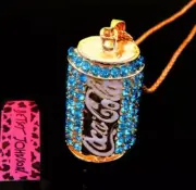 Betsey Johnson Necklace COCA COLA COKE Can Gold Blue Crystals Gift Box Bag