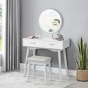 Giantex Vanity Set with Rounded & Lighted Mirror in 3 Light Colors, Makeup Dressing Table Set with Soft Cushioned Stool, Two Storage Drawers, Rubber Wood Vanity Table & Stool Leg