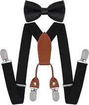 [Rthjsfj] Adjustable Boy Suspenders and Pre-tied Bow Tie, Kids Bowtie and Suspenders with 4 Strong Metal Clips