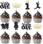 24Pcs Where The Wild Things Are Inspired Cupcake Toppers Glitter Crown Wild One Cupcake Picks for Baby Shower Kids 1st Birthday Party Cake Decorations Supplies Colorful