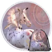 White with Brown Spots War Pony Horse Round Beach Towel