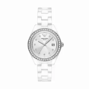 【EMPORIO ARMANI 官方直營】Leo 冷冽白環鑽日曆女錶 白色陶瓷錶帶手錶 36MM AR70014