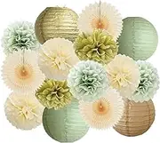 Sage Green and Gold Party Decorations Baby Shower Boho Sage Green Champagne Gold Birthday Decorations Beige Paper Fans Pom Poms Lanterns Kit for Wedding Bridal Shower Engagement Bachelorette Party