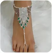 [Octwine] Simple Summer Beach Red Green Rhinestone Barefoot Sandals Foot Chain with Toe Ring Vintage Anklets Wedding Bridal Blue Rhinestone Anklet Foot Chain Anklet for Women