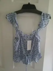 Sienna Sky Crop Top Medium Sky Blue Floral Ruffle Hem Peplum Chiffon NWT