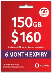 Vodafone $160 Prepaid SIM Card◉150GB Data◉Unlimited Calls◉Startup Pack◉6 months◉