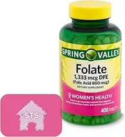 Spring Valley Folate Dietary Supplement, 1,333 mcg, 400 Count + STS Sticker.